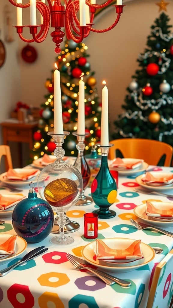Mid-century Christmas table setting with geometric patterns, vibrant glass ornaments, and elegant candlesticks.